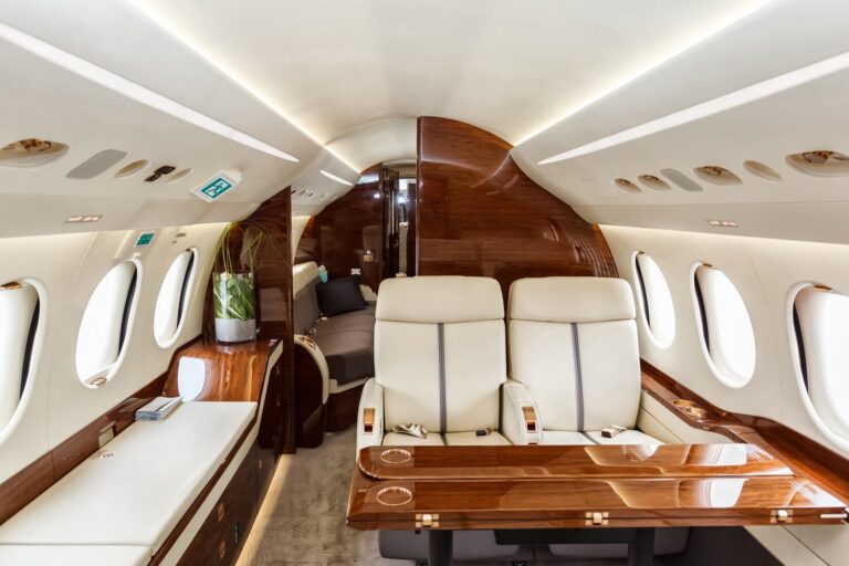 luxury private plane interior in bright colors of genuine leather