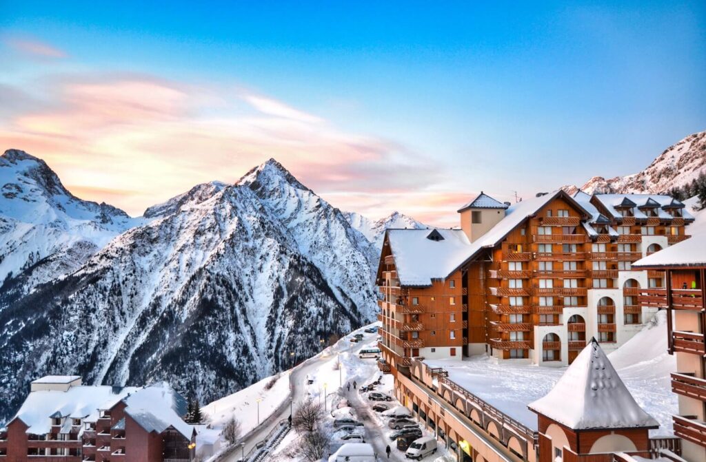 Ski Resort French Alpes Sun Rise Behind The Mountains