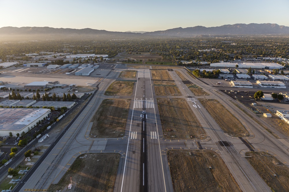 Late afternoon light on the runway at Van Nuys airport in the San Fernando Valley