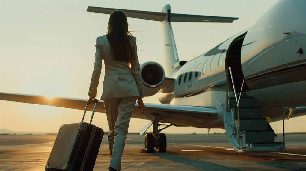 businesswoman walking on runway to her private jet She carries a suitcase with important documents and a laptop