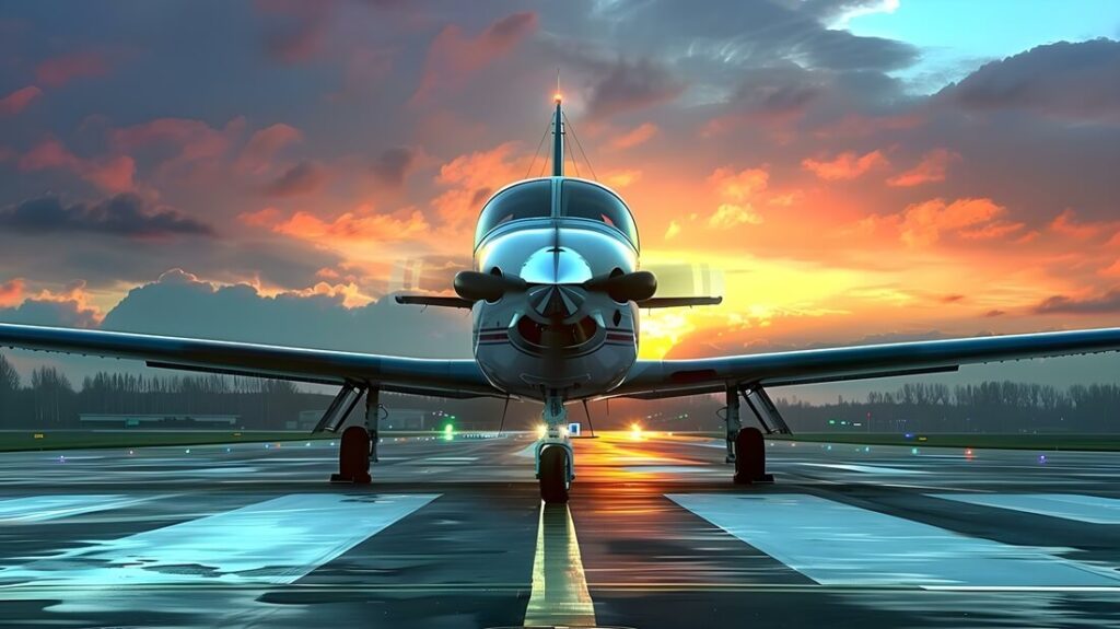 private aircraft on runway at sunrise