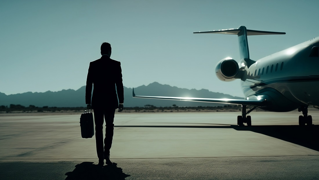 Business man walkikng towards a private jet