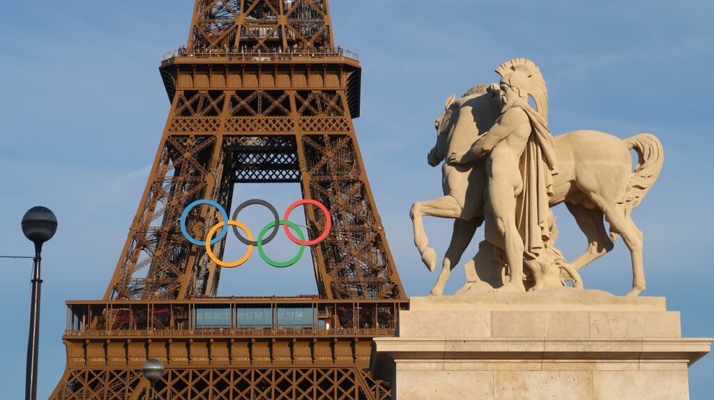 Olympic rings installed on the Eiffel Tower for the Paris 2024 Summer Olympics