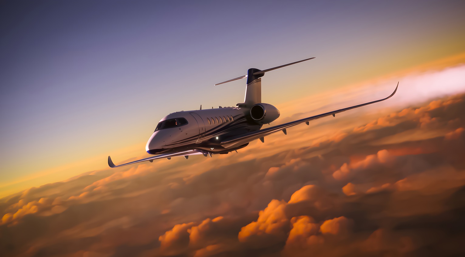 a luxury private jet airplane overflying cloudy skies at sunset