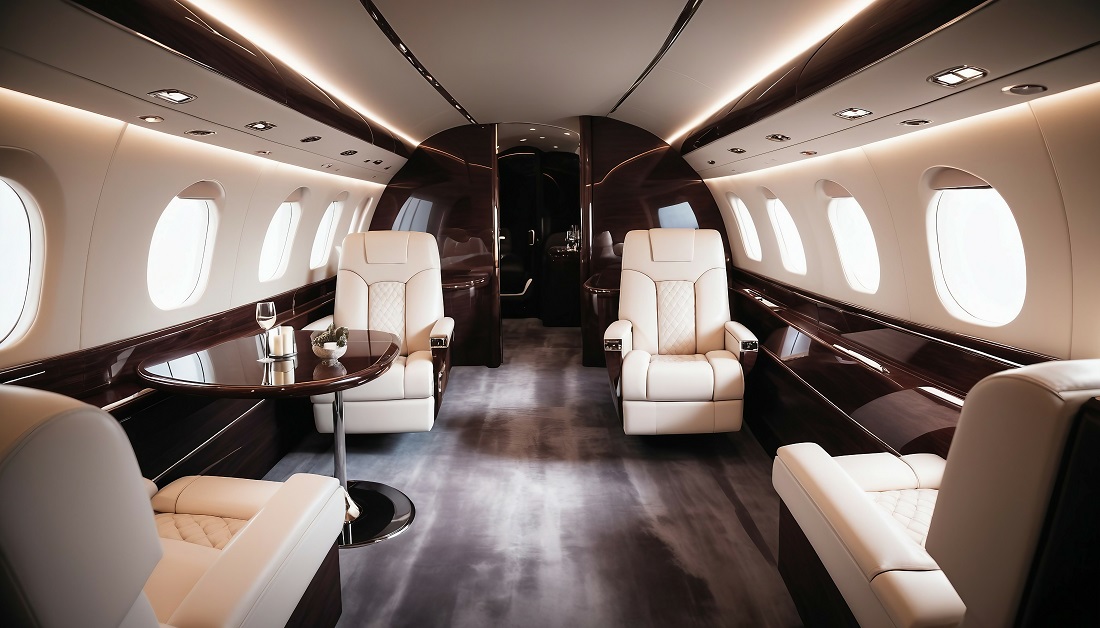 inside of a private jet features luxurious design and glossy furnishings