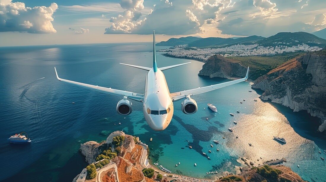 plane flying over Greece beautiful view