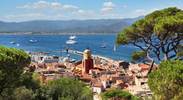 Aerial view of the Saint Tropez harbor and clock tower