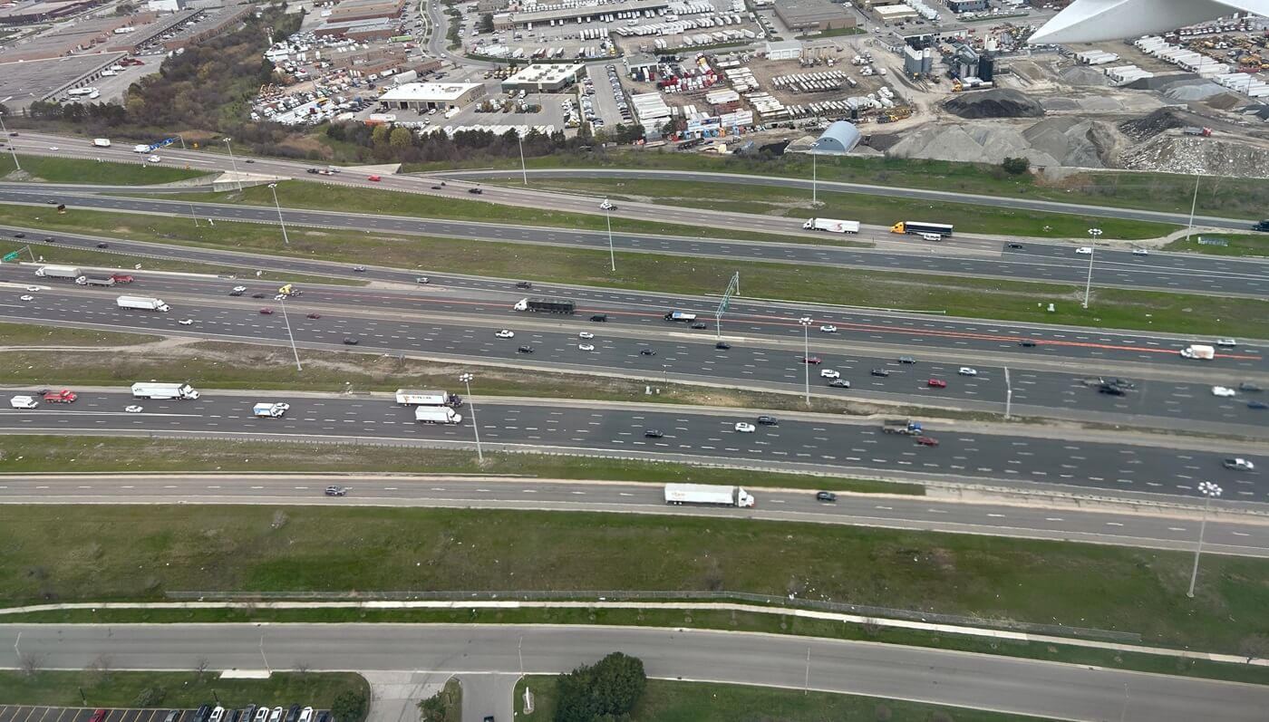 Aerial view of the approach into Toronto Pearson International Airport