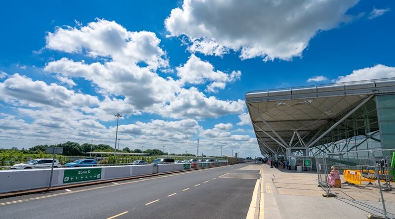 Main departures and arrivals terminal building of Stansted Airport in England