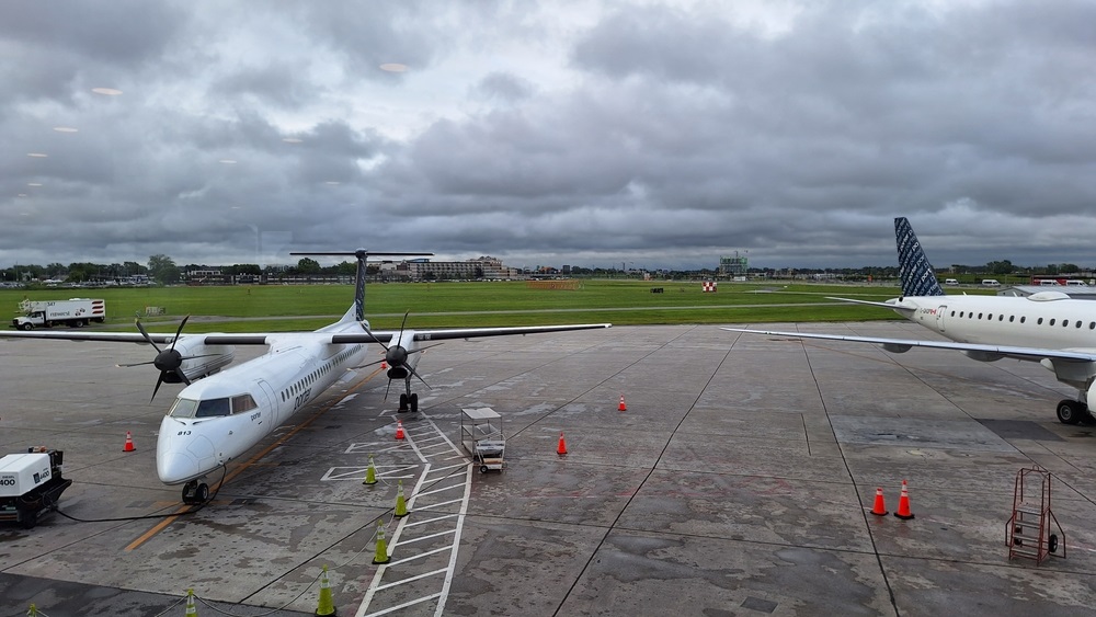 View of aeroplanes at the international airport at Montreal, Quebec, Canada