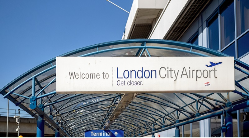 Welcome sign on the London City Airport Terminal Building in Docklands