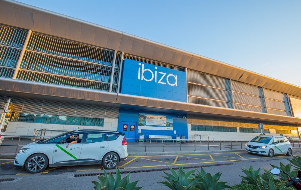 the inscription Ibiza near the central entrance to the airport