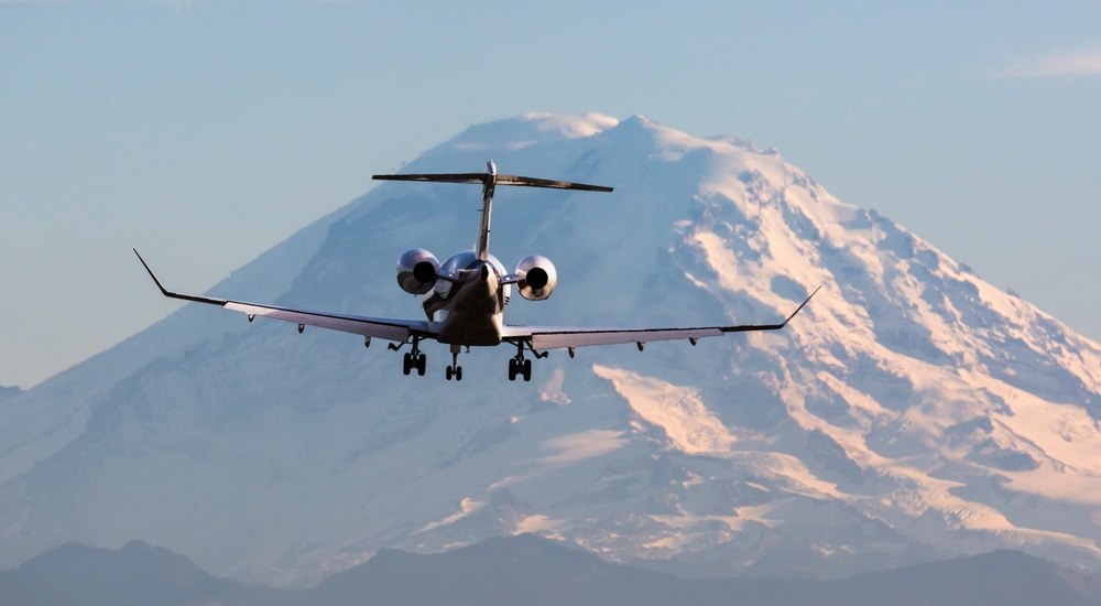 Gulfstream private business jet comes in for a landing at King County International Airport