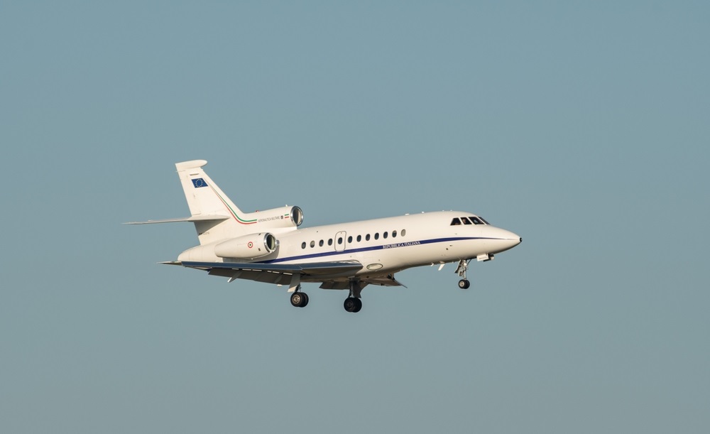 Italian Air Force Dassault Falcon 900EX aircraft on its final approach to runway 14 during the world