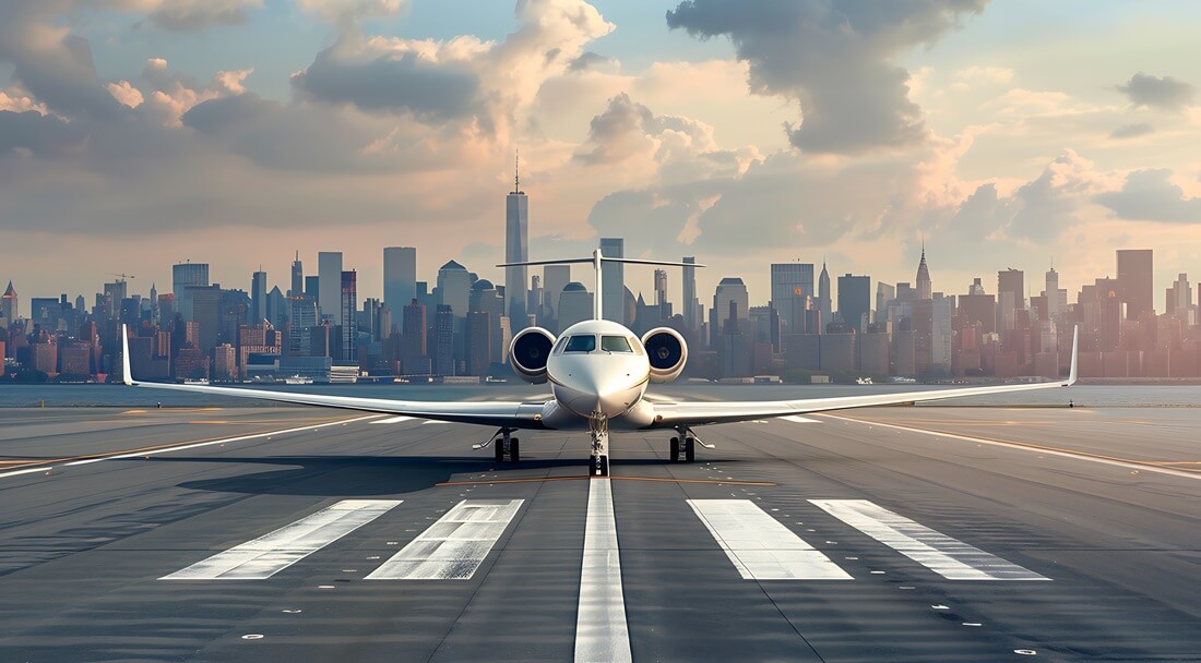 private Jet on runway with New York City Skyline in background