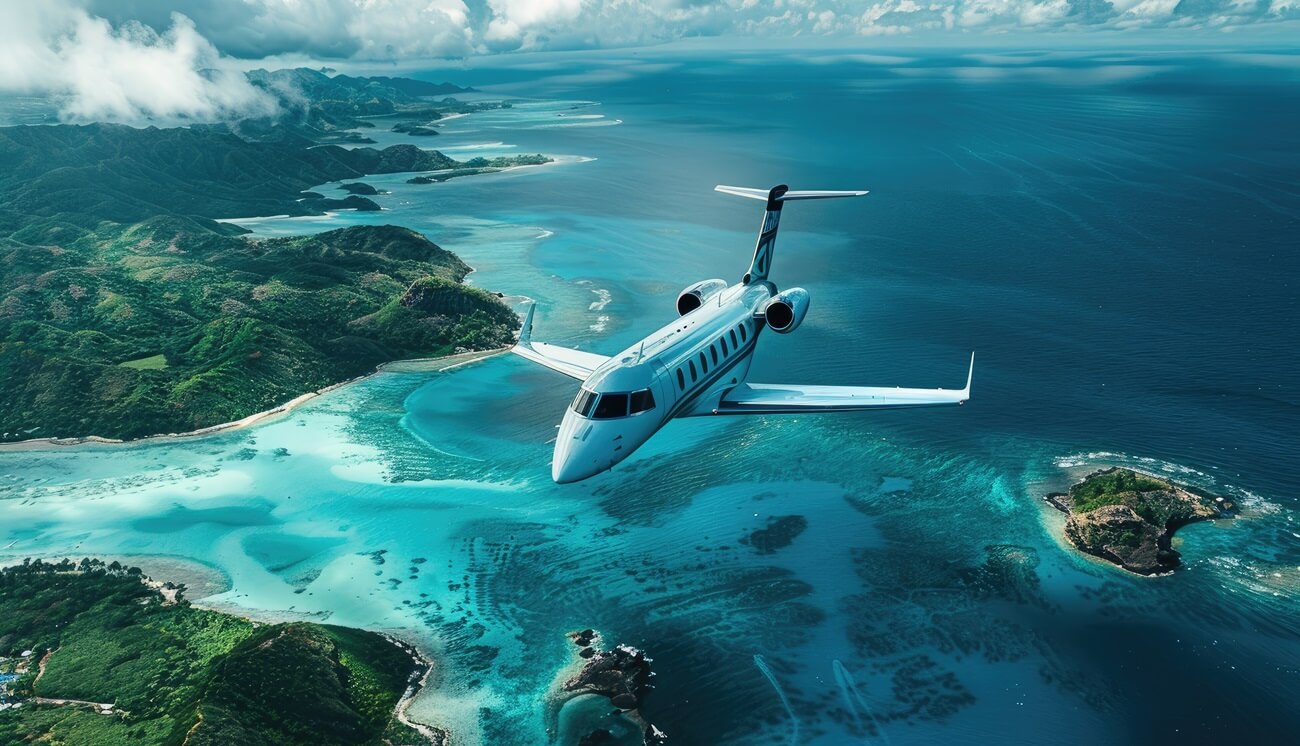 private jet flying over tropical islands offering a glimpse into the world of luxury air travel