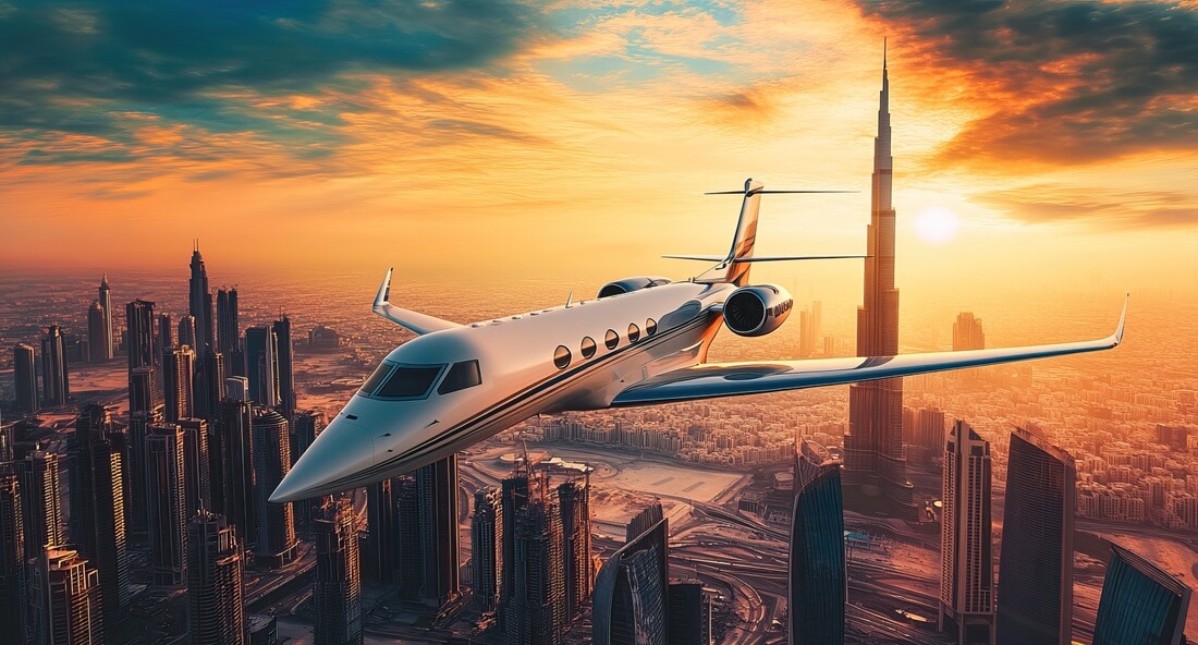 private jet soaring over Dubai skyline at sunset