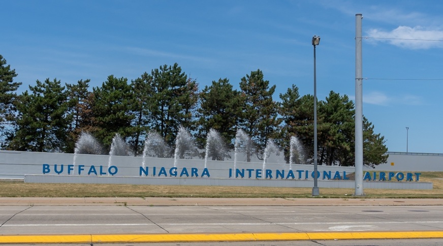 Buffalo Niagara International Airport sign is shown in Cheektowaga, New York, USA. It is the third-busiest