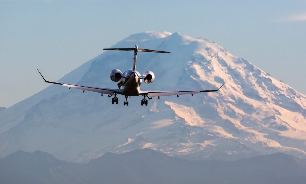 Gulfstream private business jet comes in for a landing at King County International Airport