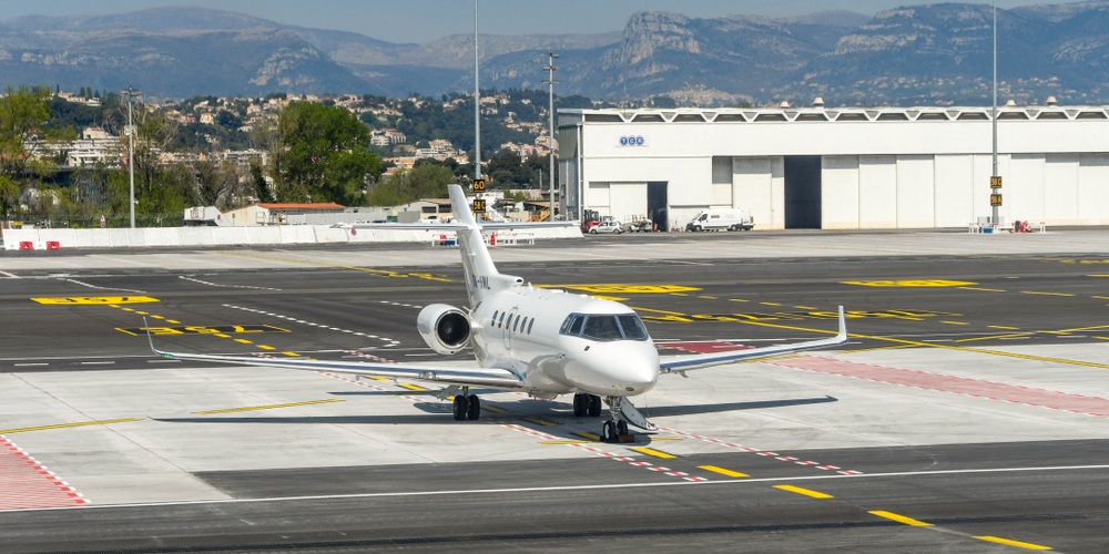 Hawker 900XP private executive jet on the ground at Nice Airport in the South of France