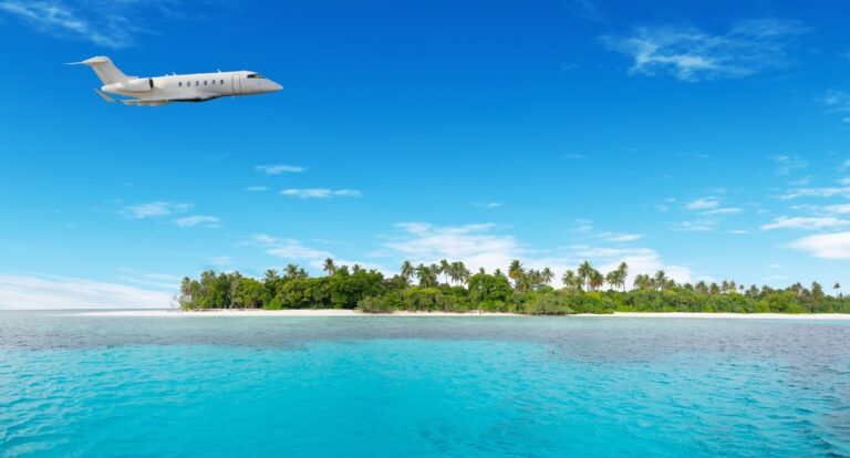 airplane flying over nonsettled tropical island