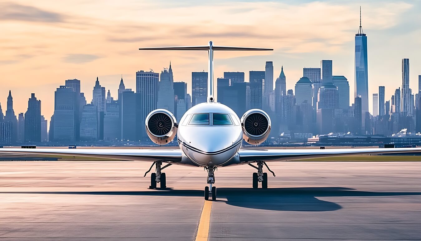 private jet parked on the Runway with New York City Skyline in the background