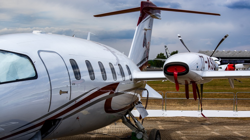 Piaggio Aerospace P.180 Avanti EVO on static display, at the Farnborough air show 2018