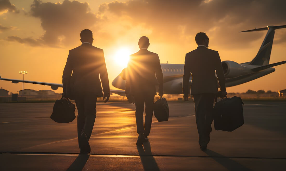 businessman walking towards a private jet, team walk through the airport, evening sunset sunrise time 