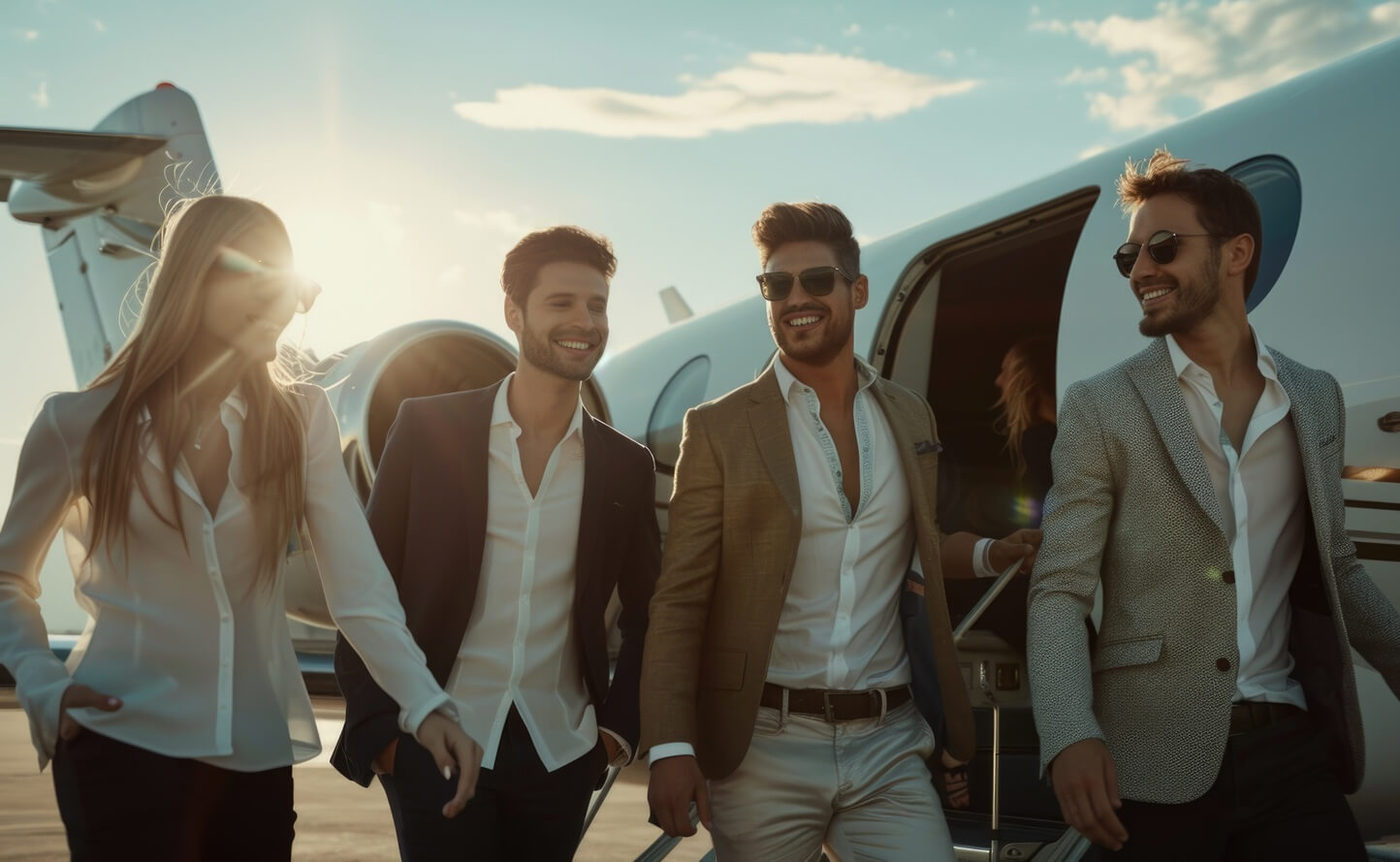 group of men and women walking towards a private jet