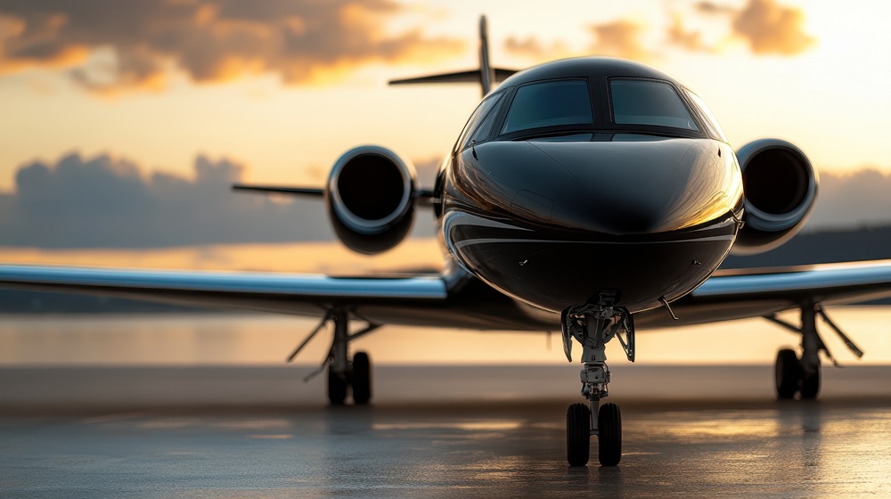 luxurious black jet, captured at sunrise on the runway, captures the essence of elegance, travel, and aspiration in the world of private air travel