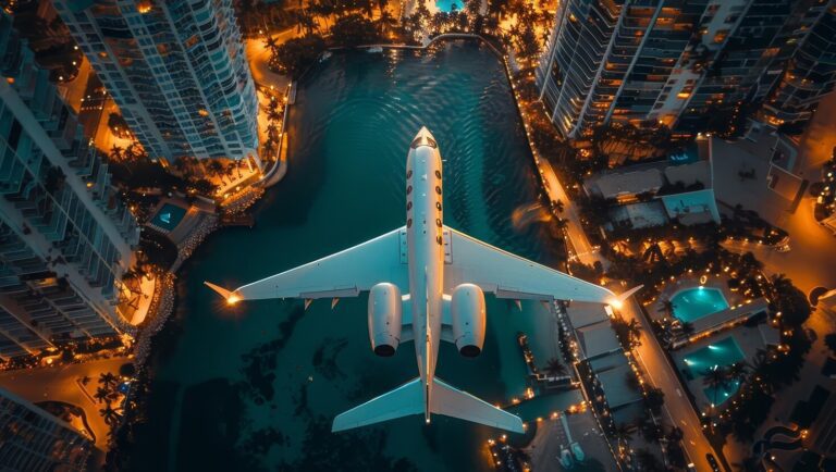 private jet flies over the Miami skyline at night