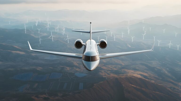 private jet flying over wind turbines