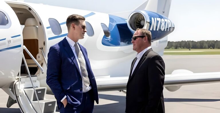 business executives meeting near a private jet