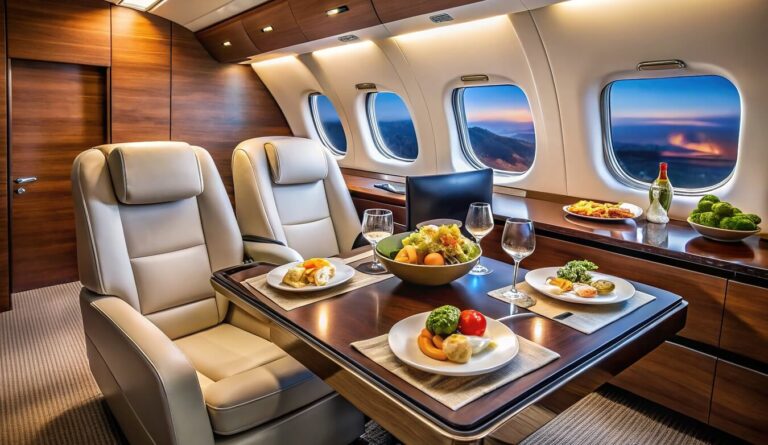 Luxury Private Jet First Class Interior, Entertainment Area, Food Photography