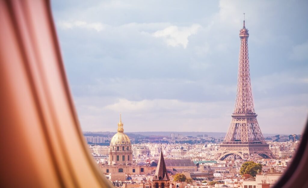 Paris and Eiffel tower view from plane window