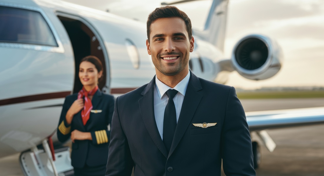 Smiling pilot and flight attendant standing near a private jet