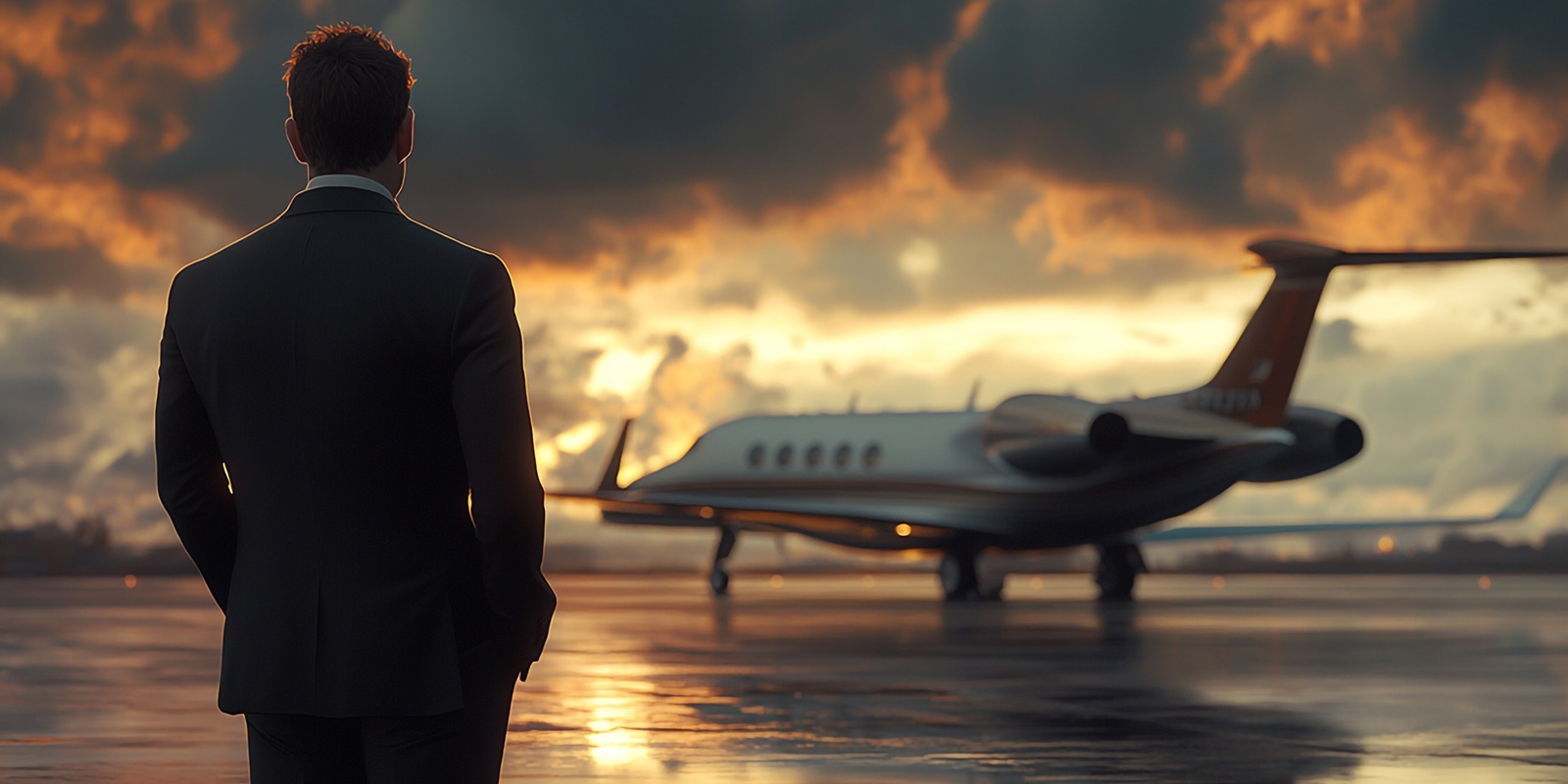 Photo of a man in a suit, standing on the tarmac and looking at a private jet, taken from behind.