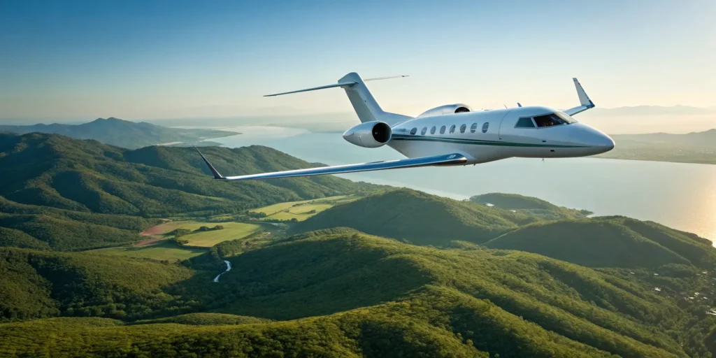Cheap private jet soaring over a scenic landscape.