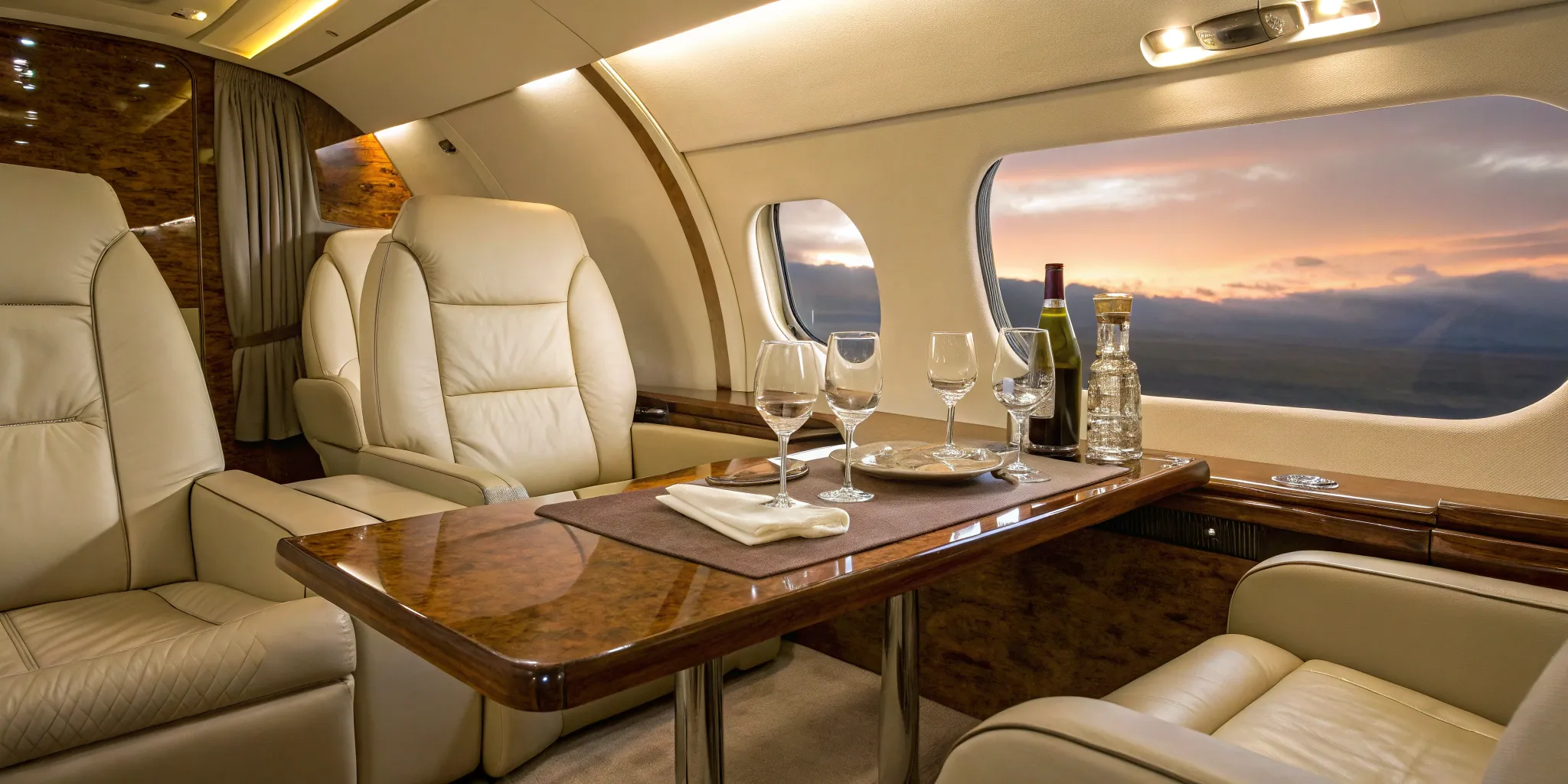 Private jet cabin with leather seats and dining area.