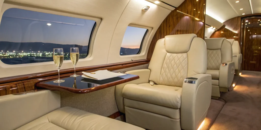 Discounted private jet flight interior with champagne and leather seats.