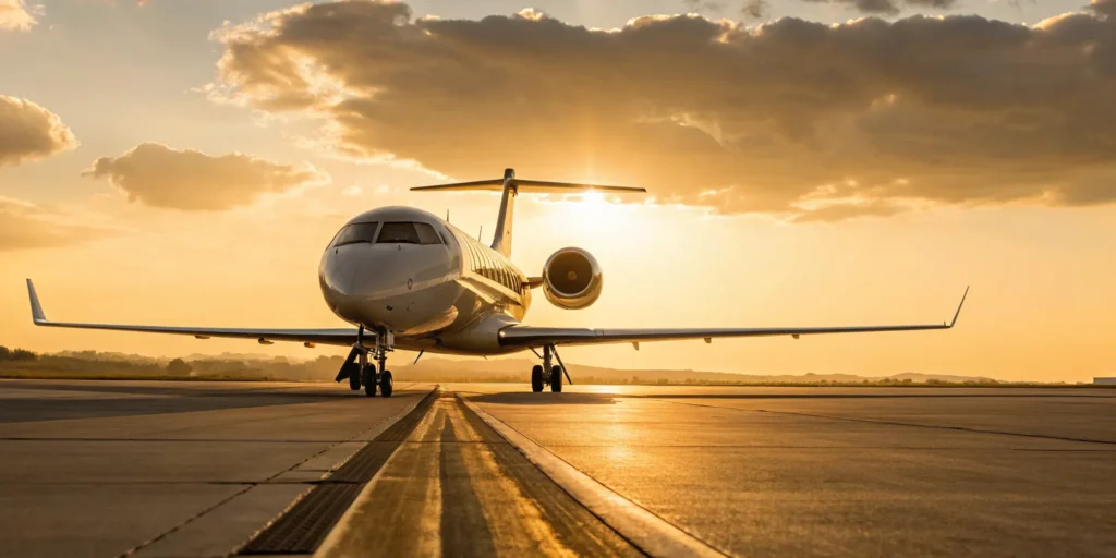 Empty leg private jet on runway at sunset.