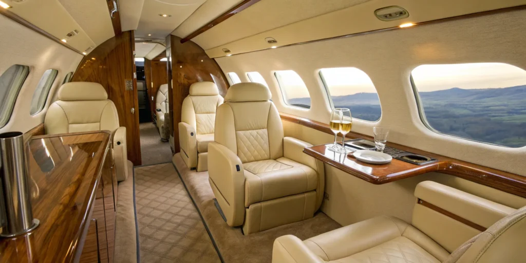 Private jet interior with plush leather seats and wood finishes.