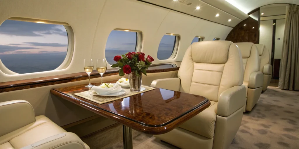 Private jet interior with plush seating and dining area.