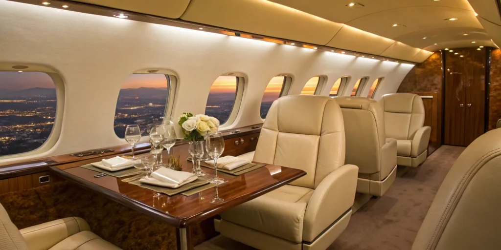 Chartered jet's plush interior with comfortable seating.