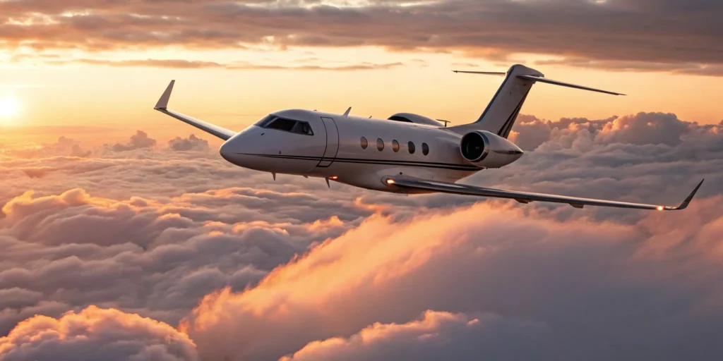 Private jet charter flight soaring above the clouds.