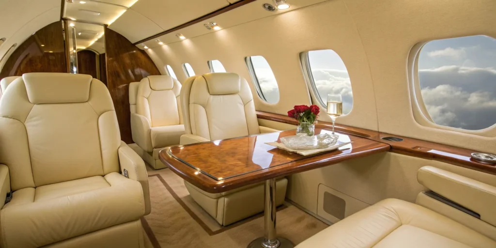 Private jet cabin with leather seats and wood table.