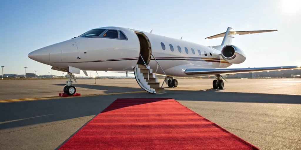 Private jet awaiting takeoff on tarmac.
