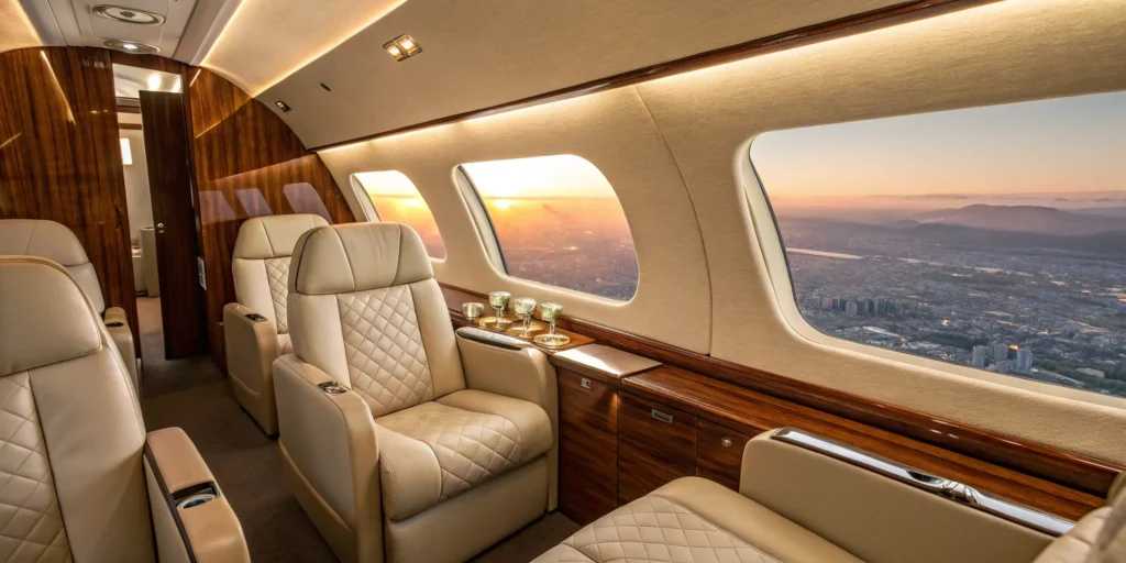 Private jet cabin with leather seats.
