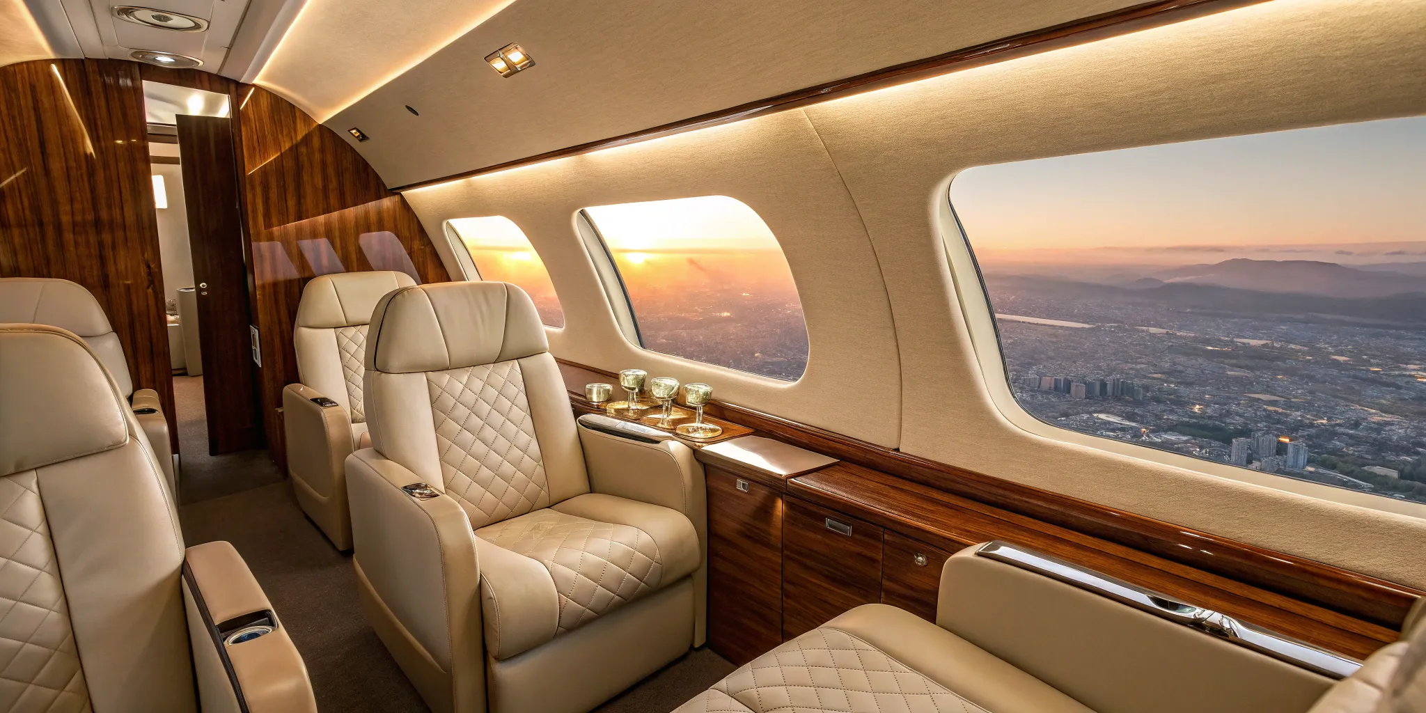 Private jet cabin with leather seats.