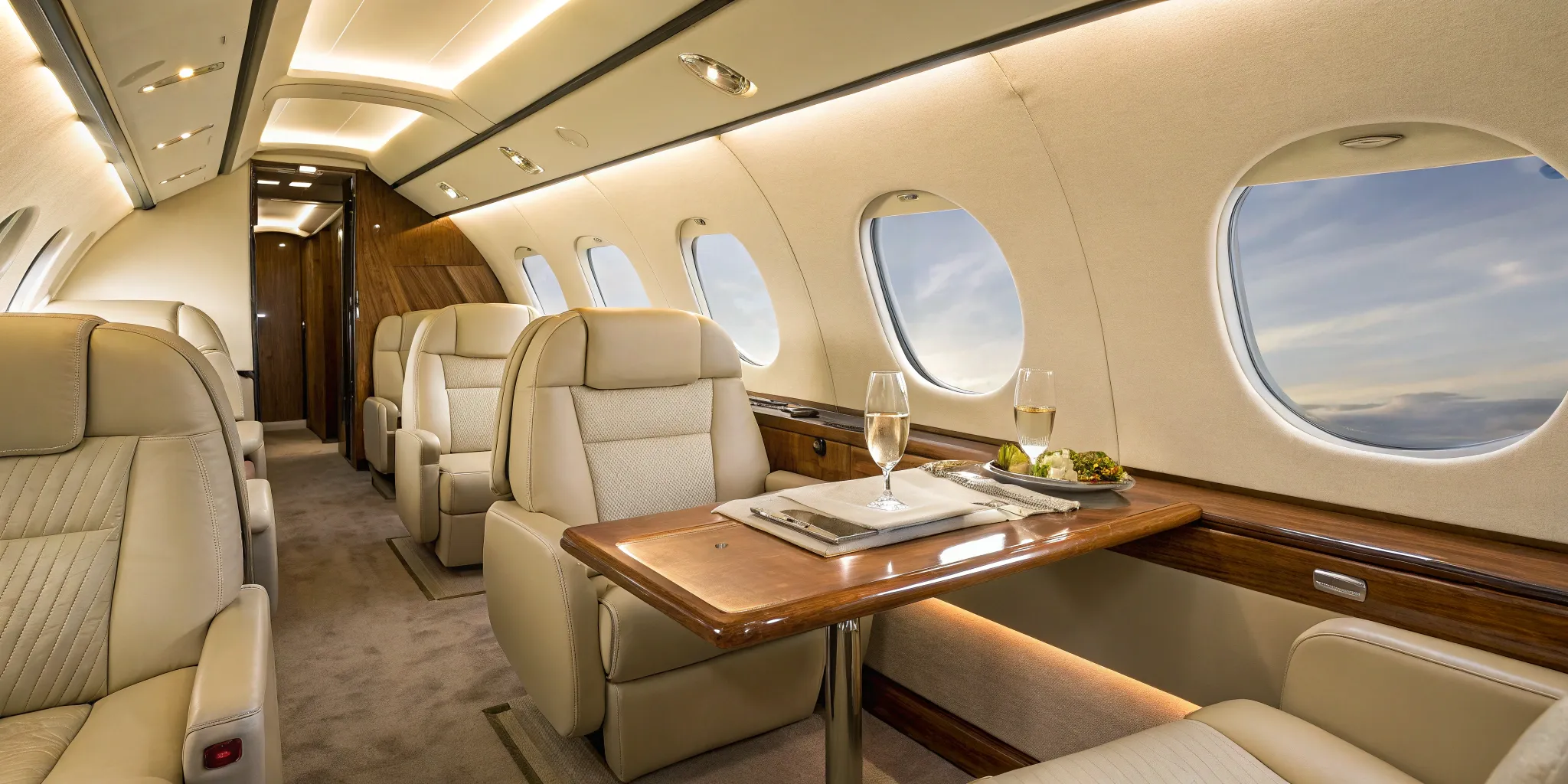 Legacy 500 private jet: plush cabin seating and dining area.